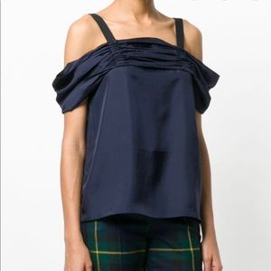 Tibi navy silk off the shoulder top
